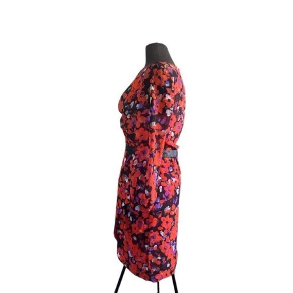 W118 Walter Baker Red Floral Print Sheath Dress Black Leather Waist Band… - Picture 4 of 7